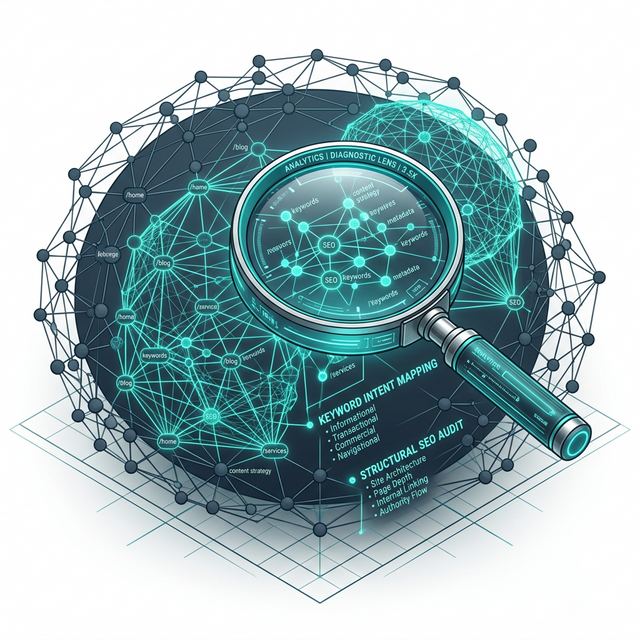 Diagnostic visualization of keyword intent mapping and SEO audit phase